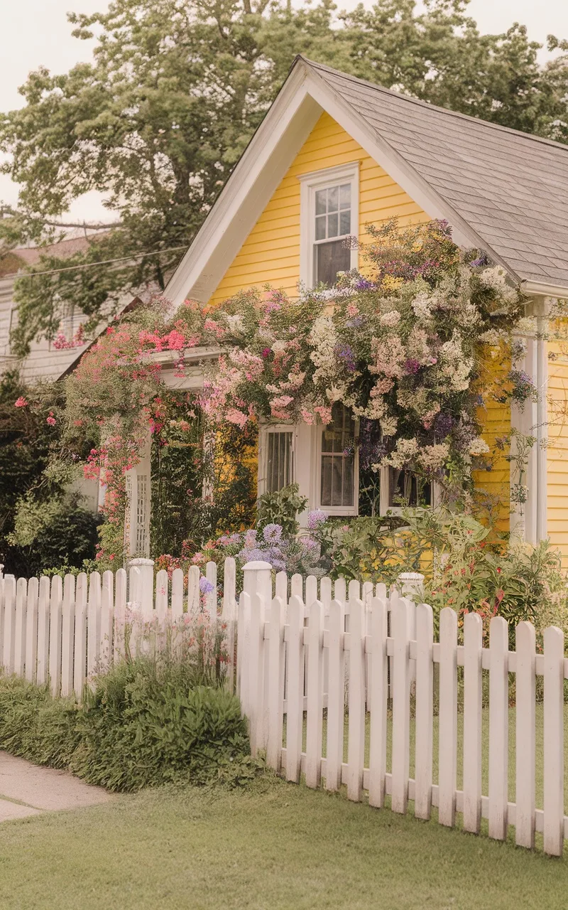A cheerful yellow house surrounded by colorful flowers and a white picket fence