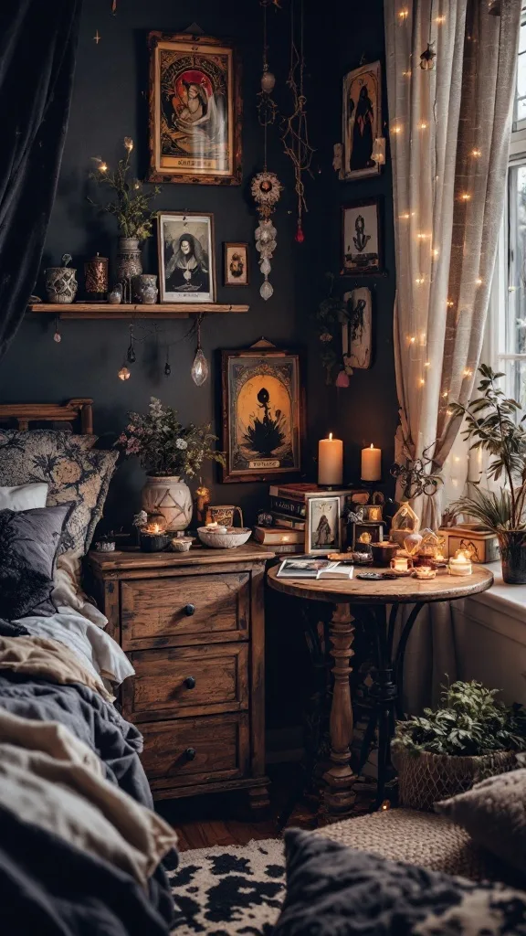 Cozy bedroom corner with tarot cards, crystals, and candles, creating a magical atmosphere