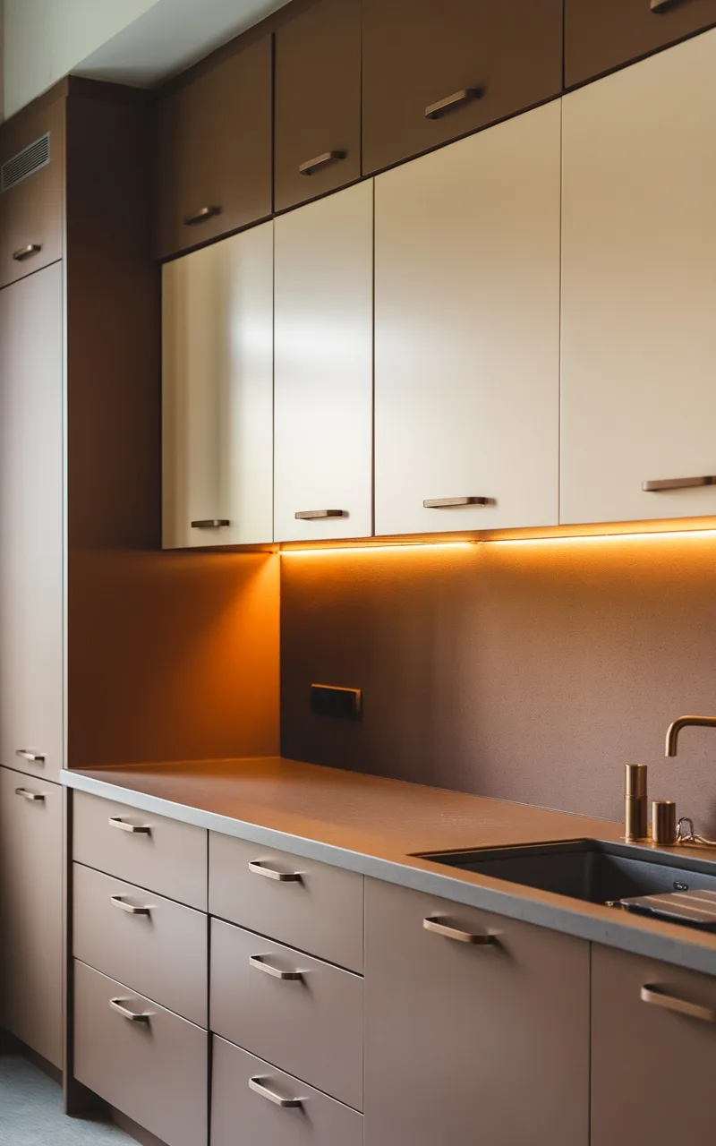 A kitchen featuring taupe and off-white cabinets, showcasing a modern design.