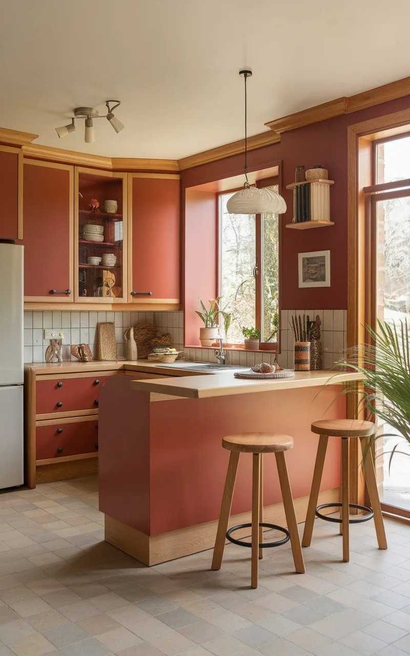 A kitchen featuring terracotta and natural oak cabinets, with wooden bar stools and a cozy atmosphere.