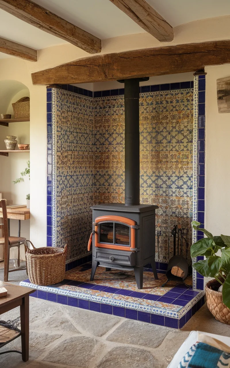 A cozy wood-burning stove surrounded by colorful decorative tiles, featuring blue and earthy patterns, with a rustic wooden beam overhead.