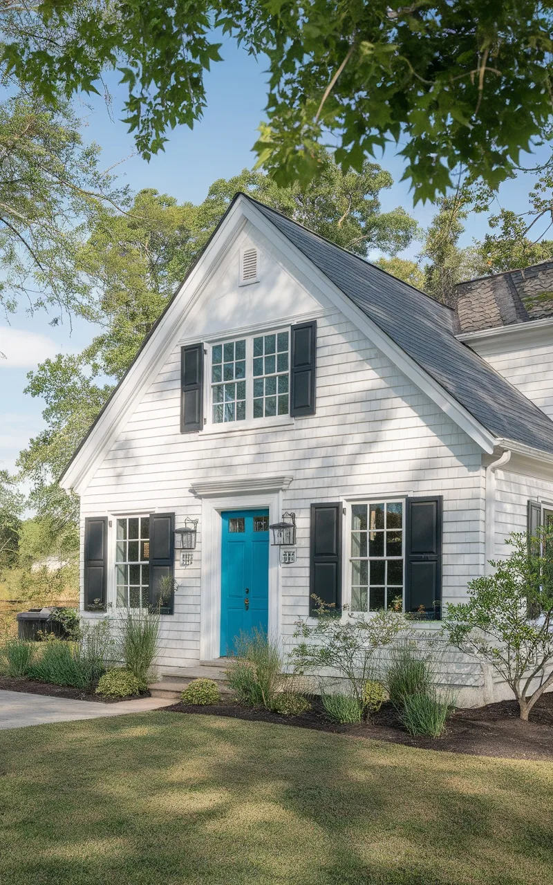 A charming white house with black shutters and a bright blue door, surrounded by greenery.