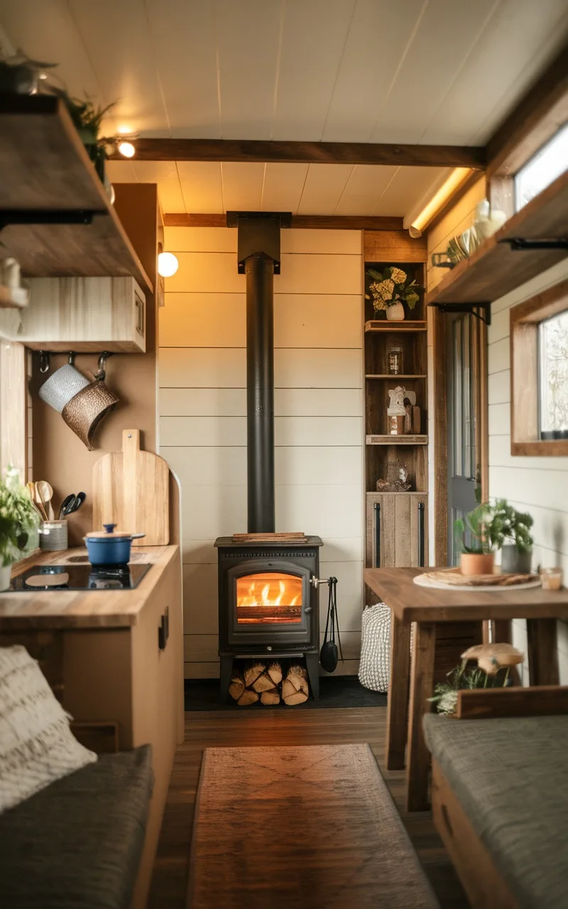 A cozy tiny house interior featuring a wood-burning stove, wooden shelves, and a warm atmosphere.