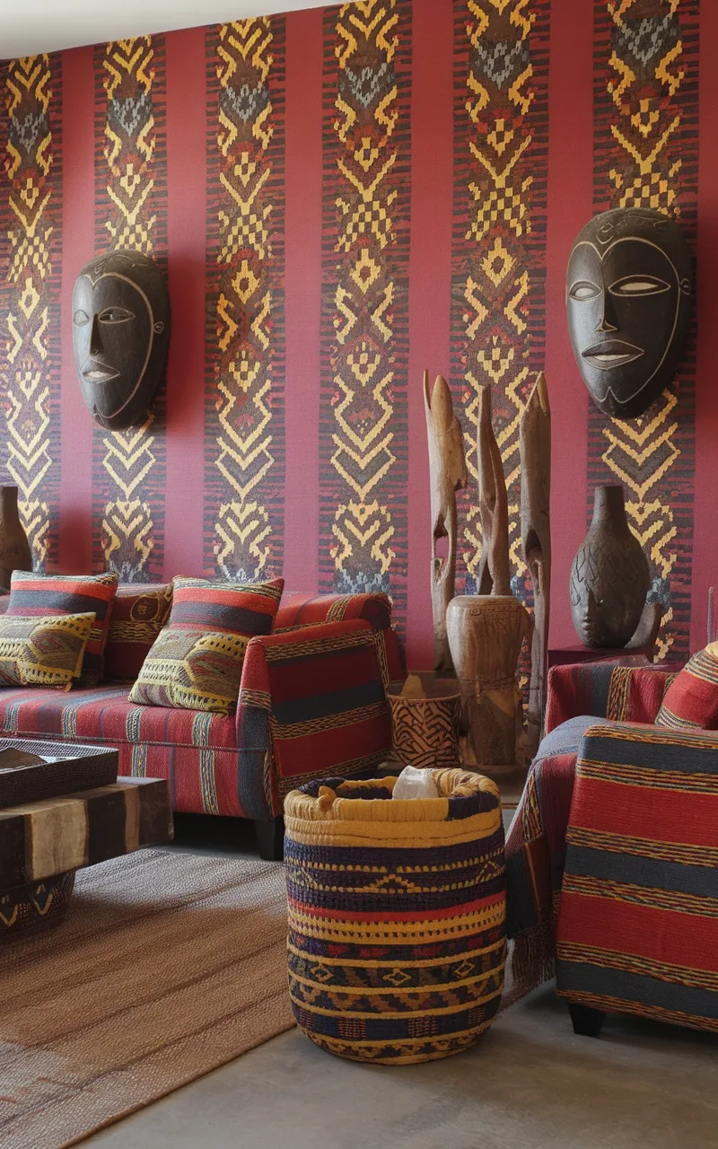 A cozy living room with tribal print wallpaper featuring red and earthy tones, decorated with masks and wooden sculptures.