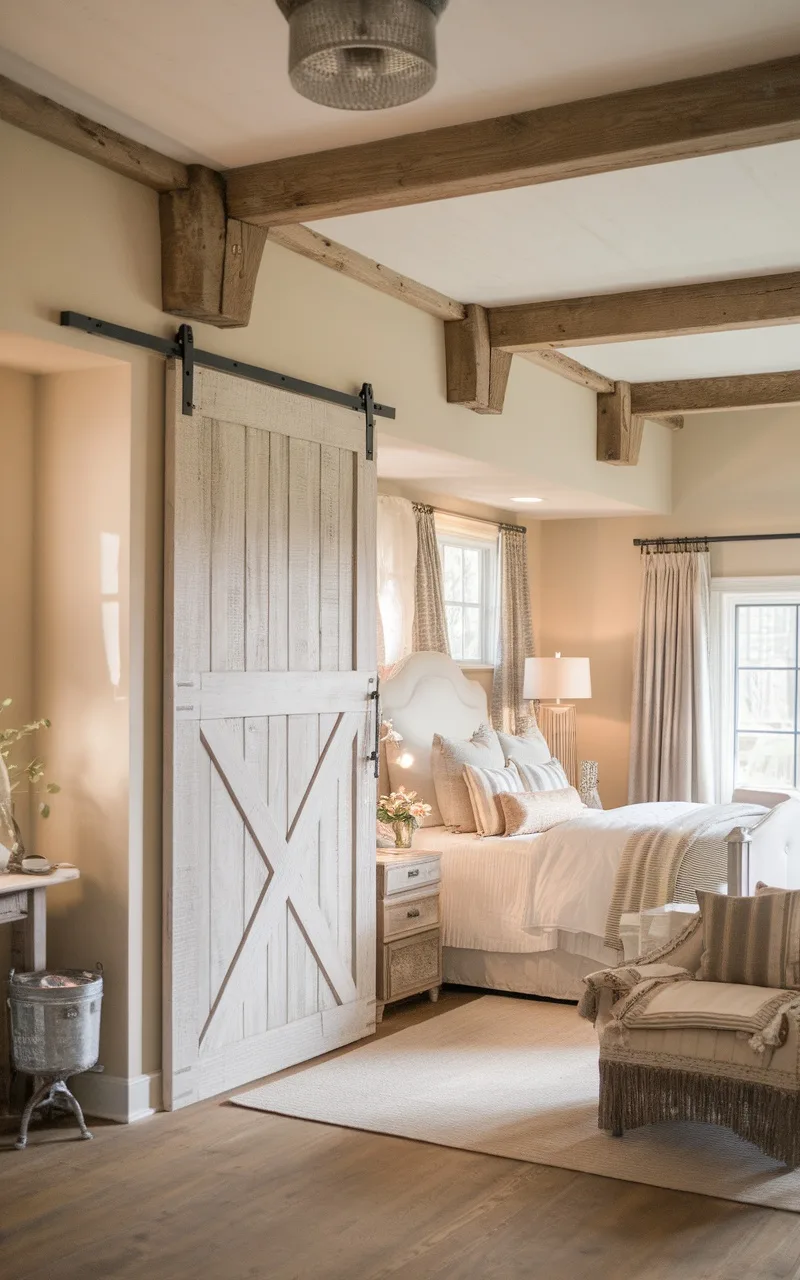 A cozy farmhouse bedroom featuring a sliding barn door made of weathered wood.