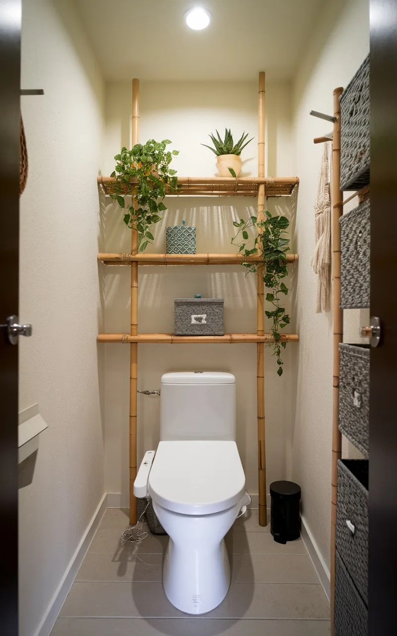 Bamboo shelves above a toilet with plants and decorative items