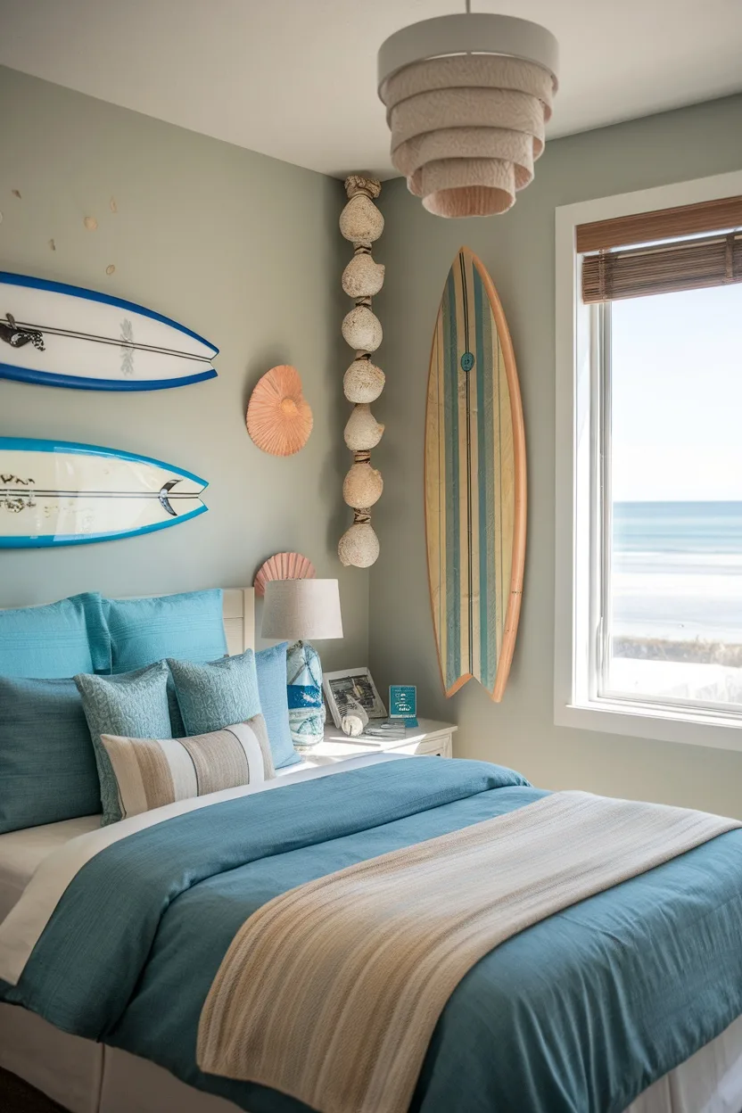 Teen boy bedroom with beach vibes, featuring surfboards, blue bedding, and coastal decor.