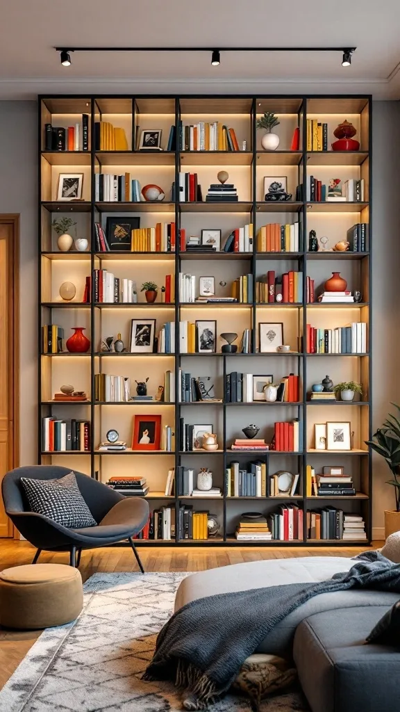 Stylish bookshelf with colorful books and warm lighting against a blank wall