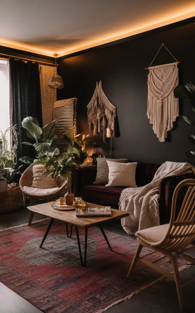 A stylish dark boho living room featuring black walls, a cozy sofa, plants, and warm lighting.