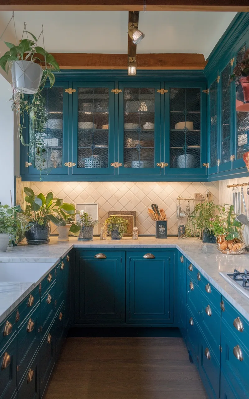 A deep blue-green kitchen with glass-front cabinets, marble countertops, and plants.