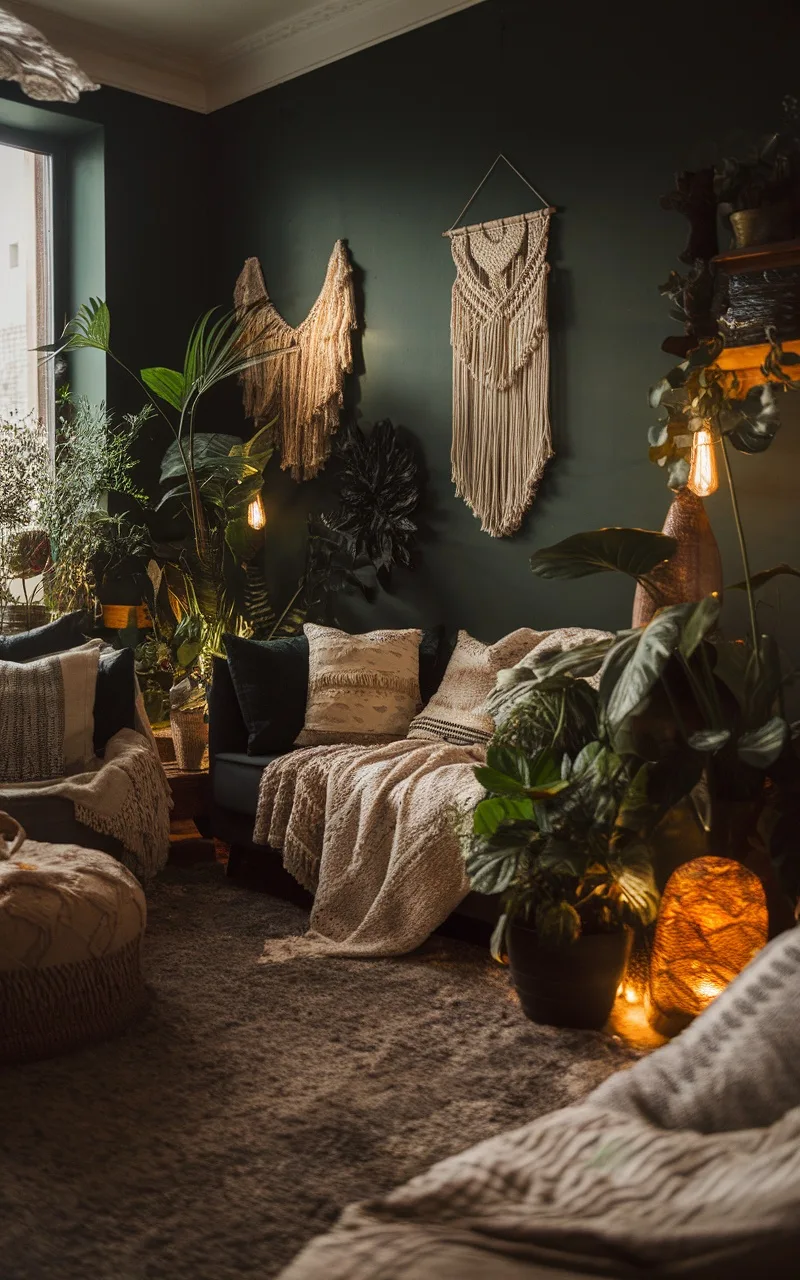 A cozy dark boho living room with deep green walls, macramé decor, and lush plants