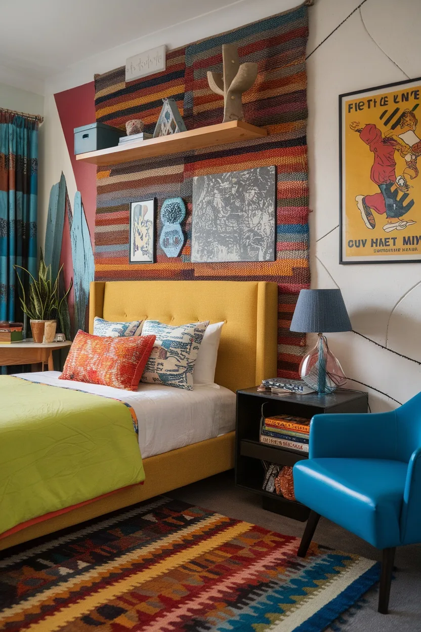 A vibrant, eclectic teen boy bedroom featuring a yellow bed frame, colorful pillows, a patterned rug, and unique wall art.