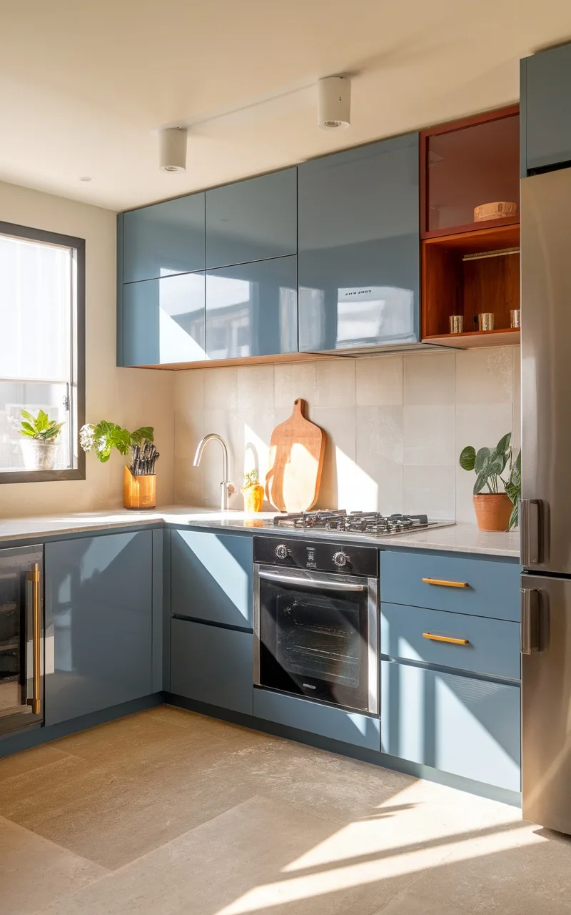 A modern kitchen featuring a combination of matte and shiny blue cabinets, with light streaming in and plants adding warmth.