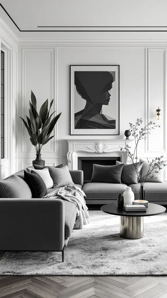 A minimalist living room featuring a monochrome palette with soft gray tones, rounded furniture, and artistic sculptures.
