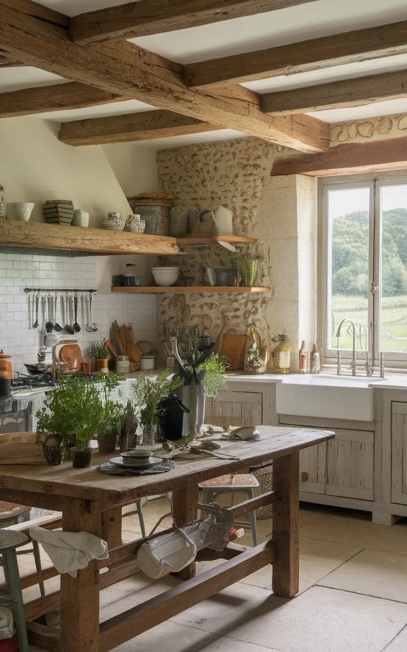 A rustic French country kitchen featuring wooden beams, stone walls, and a large wooden table surrounded by greenery.
