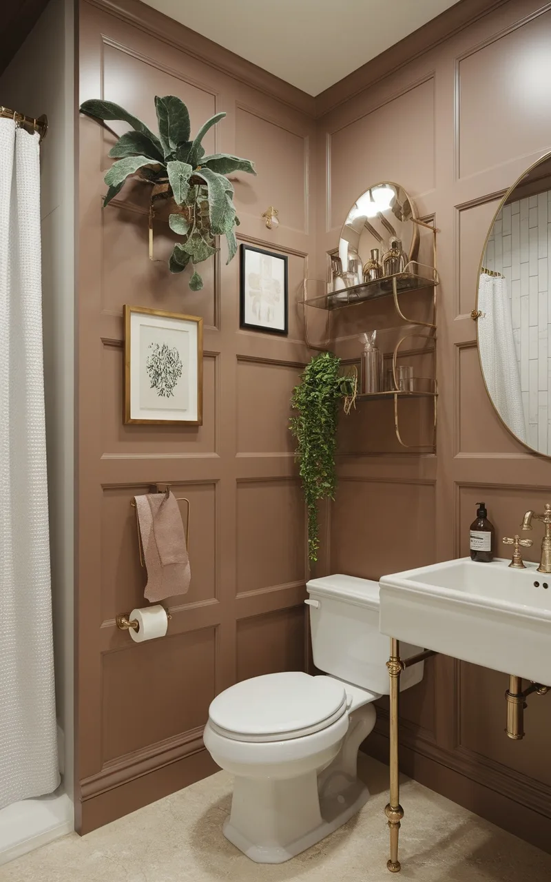 A stylish bathroom featuring a panel wall, framed art, plants, and elegant fixtures.
