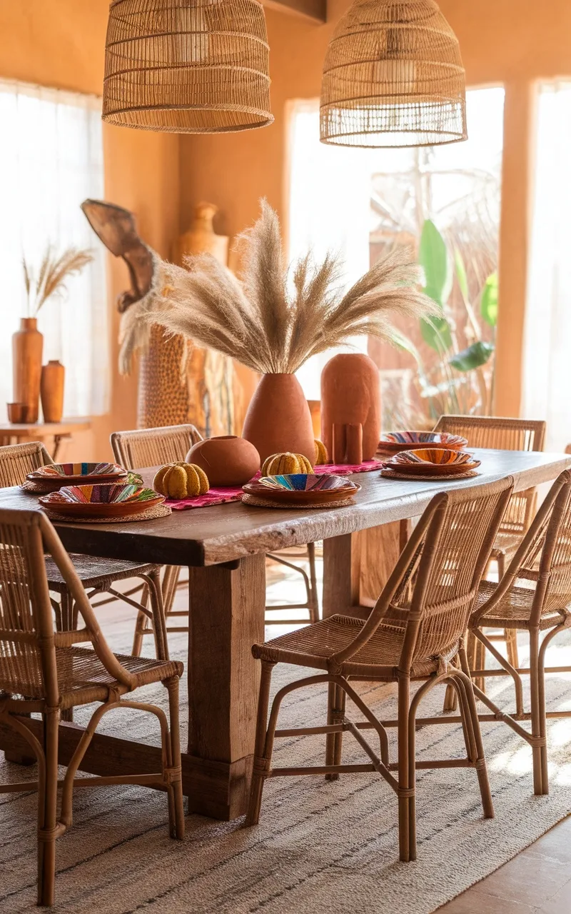 A dining area with rattan chairs, a wooden table, colorful dishes, and decorative vases