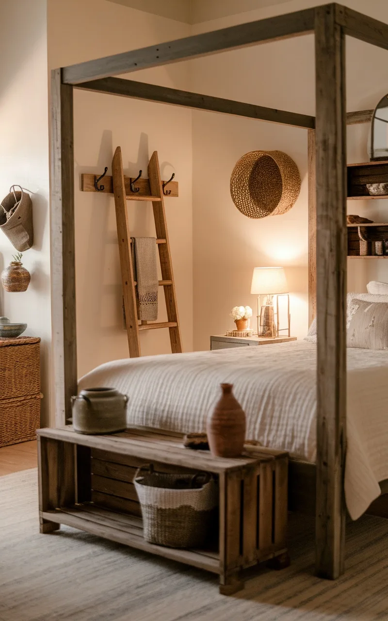 A rustic farmhouse bedroom featuring a wooden bed, a ladder, woven baskets, and warm lighting.