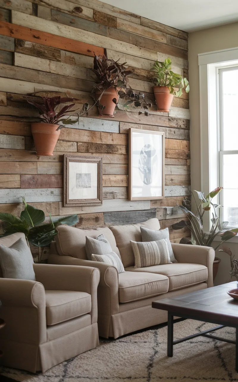 Cozy living room with a rustic reclaimed wood wall, potted plants, and framed art.