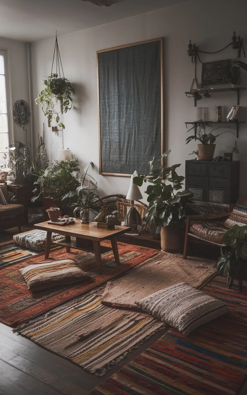 A dark boho living room featuring vintage rugs, plants, and rustic furniture.