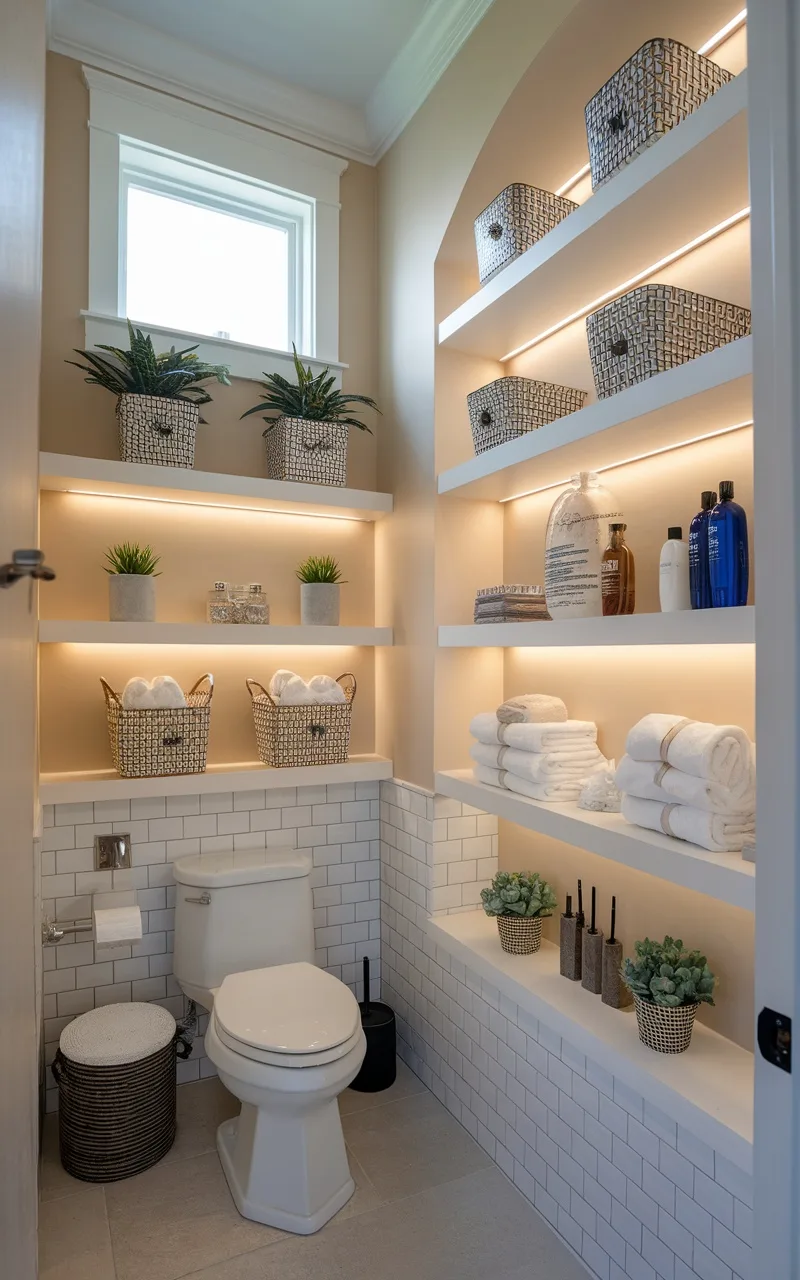 A stylish bathroom with wall-to-wall shelves filled with towels, plants, and decorative items.