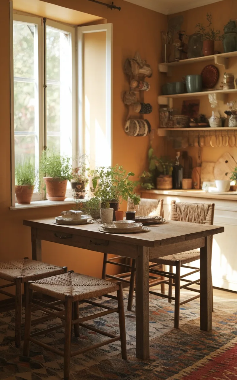 A cozy French country kitchen featuring a wooden table with woven seating, plants on the windowsill, and warm-toned walls.