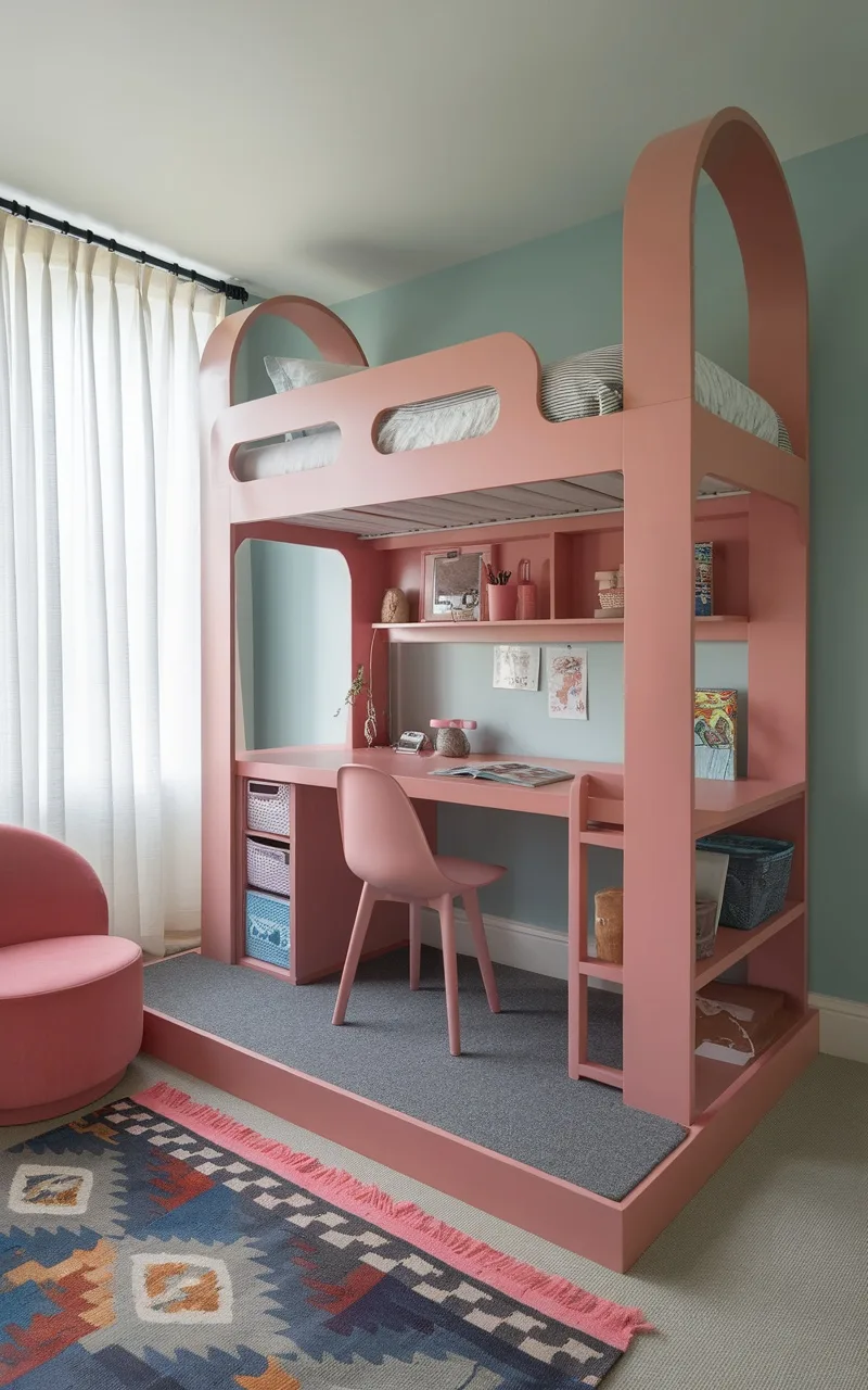 A pink Twin Towers loft bed with a desk underneath and a cozy chair beside it.