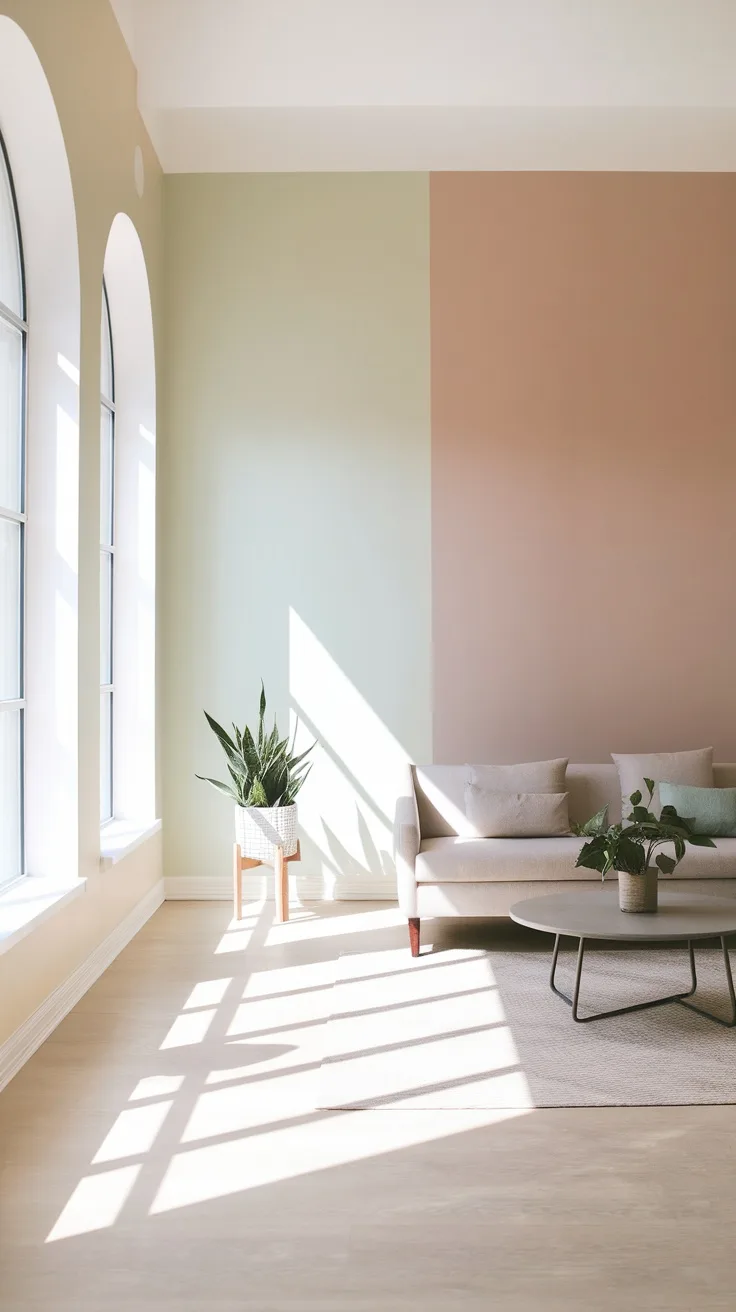 A minimalist living room with two-tone walls in beige and pink, featuring a cozy couch and a small plant.