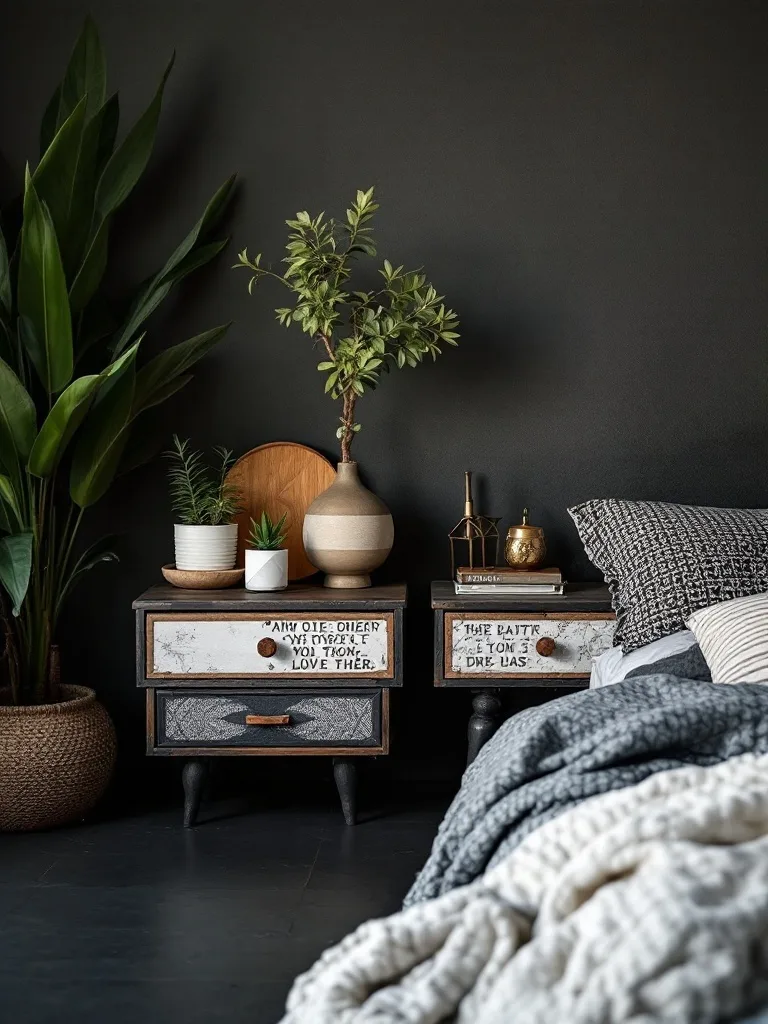 A cozy dark boho bedroom with two unique nightstands featuring eclectic designs, plants, and decorative items.