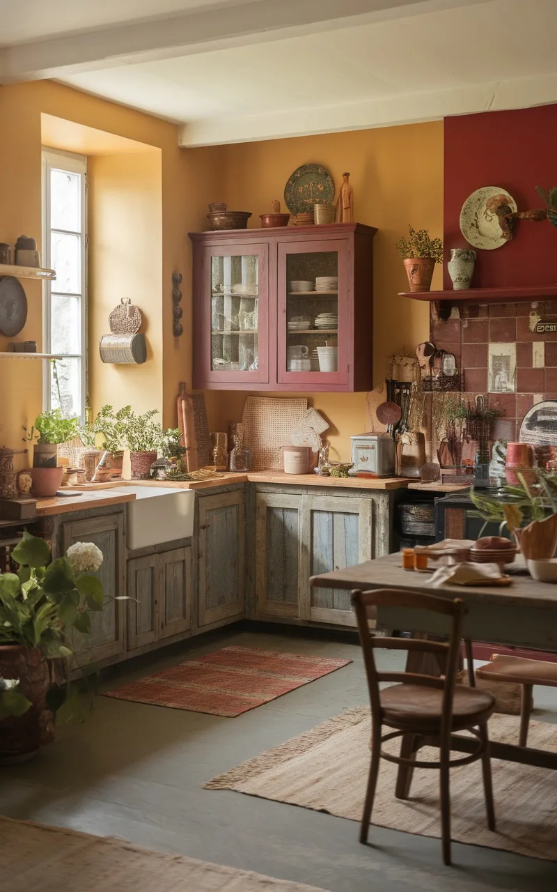 A French country kitchen featuring warm colors like yellow and red, with rustic wooden cabinetry and plants.