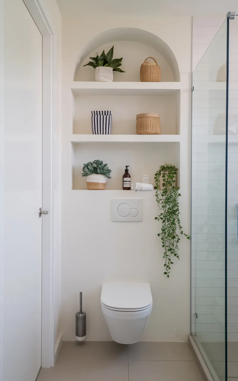 Bathroom with an arched shelf above a toilet, displaying plants and storage baskets.