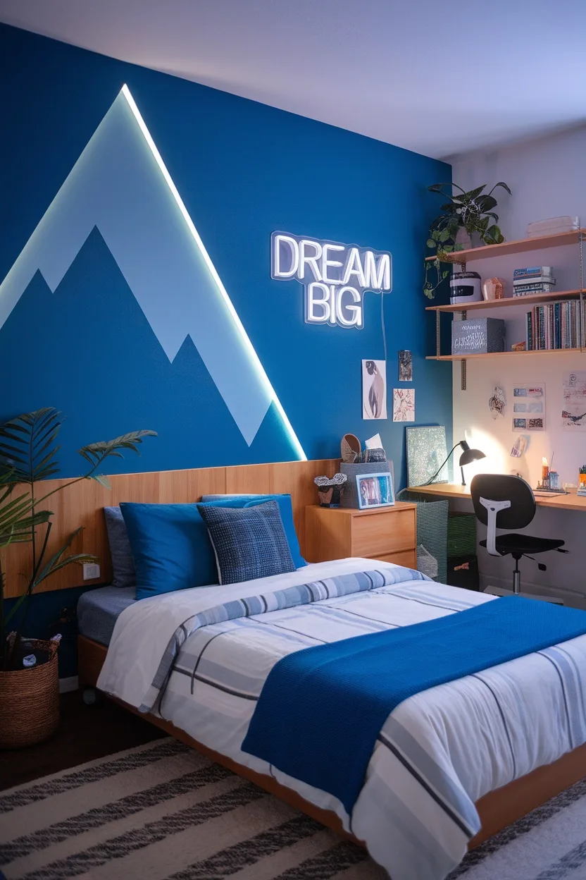 A stylish teen boy bedroom with blue accent wall, neon sign, and modern decor.