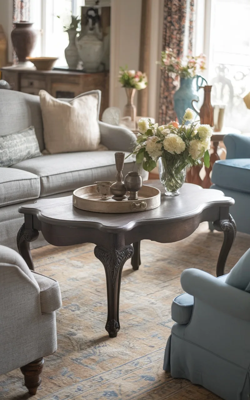 A cozy living room featuring a cabriole coffee table, surrounded by comfortable sofas and decorated with flowers.