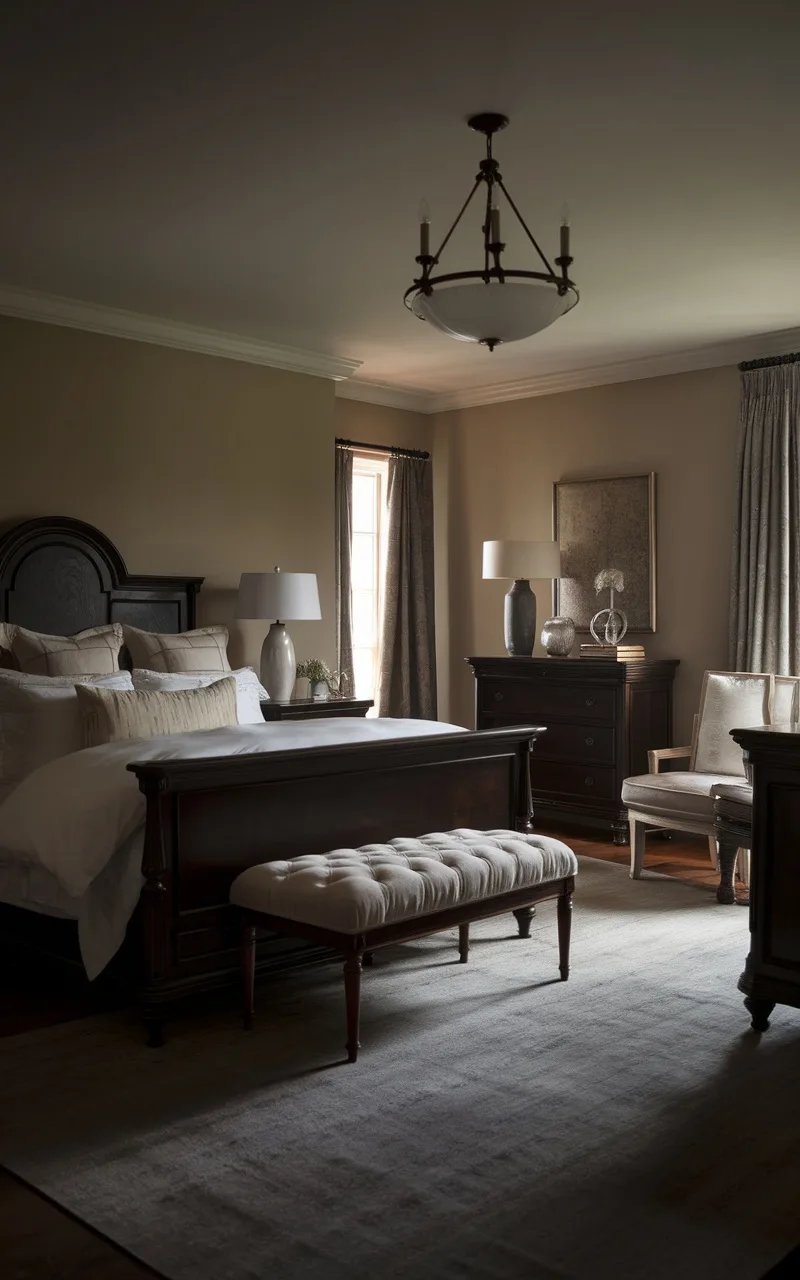 A dark wood bedroom featuring a bed, nightstands, and a cozy atmosphere.