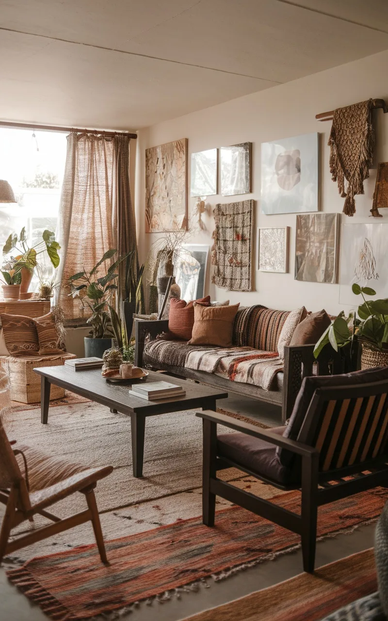 A dark boho living room with dark wood furniture, cozy couch, and plants.