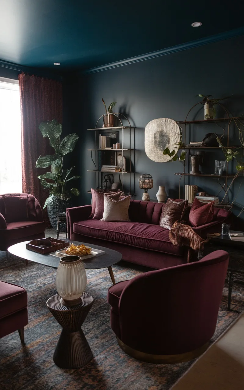 Dark boho living room featuring deep-toned velvet furniture, warm lighting, and stylish decor.