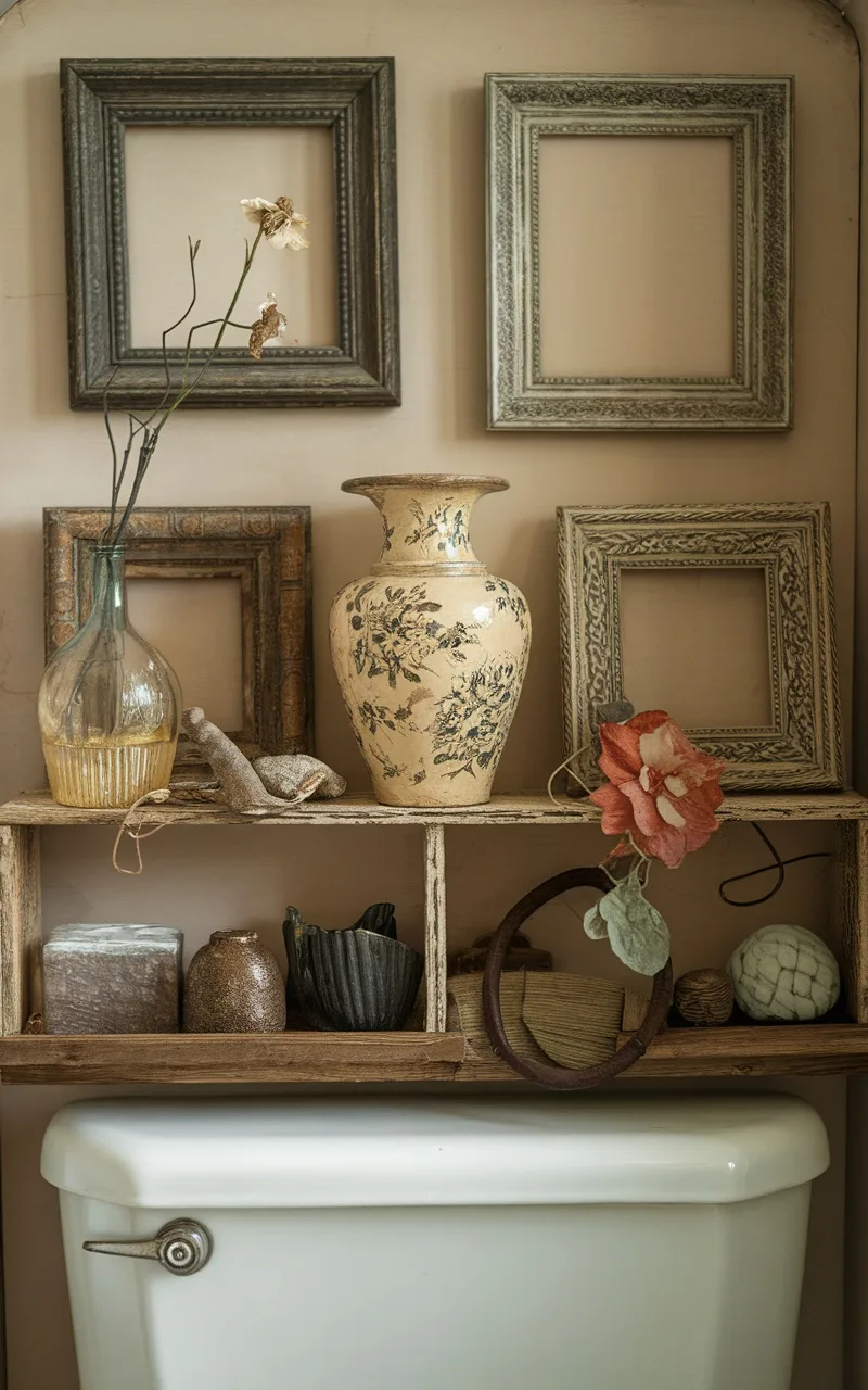 Vintage decor above toilet featuring frames, a vase, and decorative items.