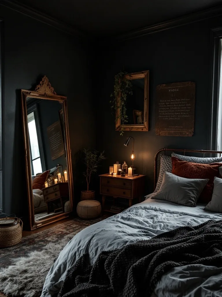 A dark boho bedroom featuring a large ornate mirror, warm lighting, and a cozy bed.