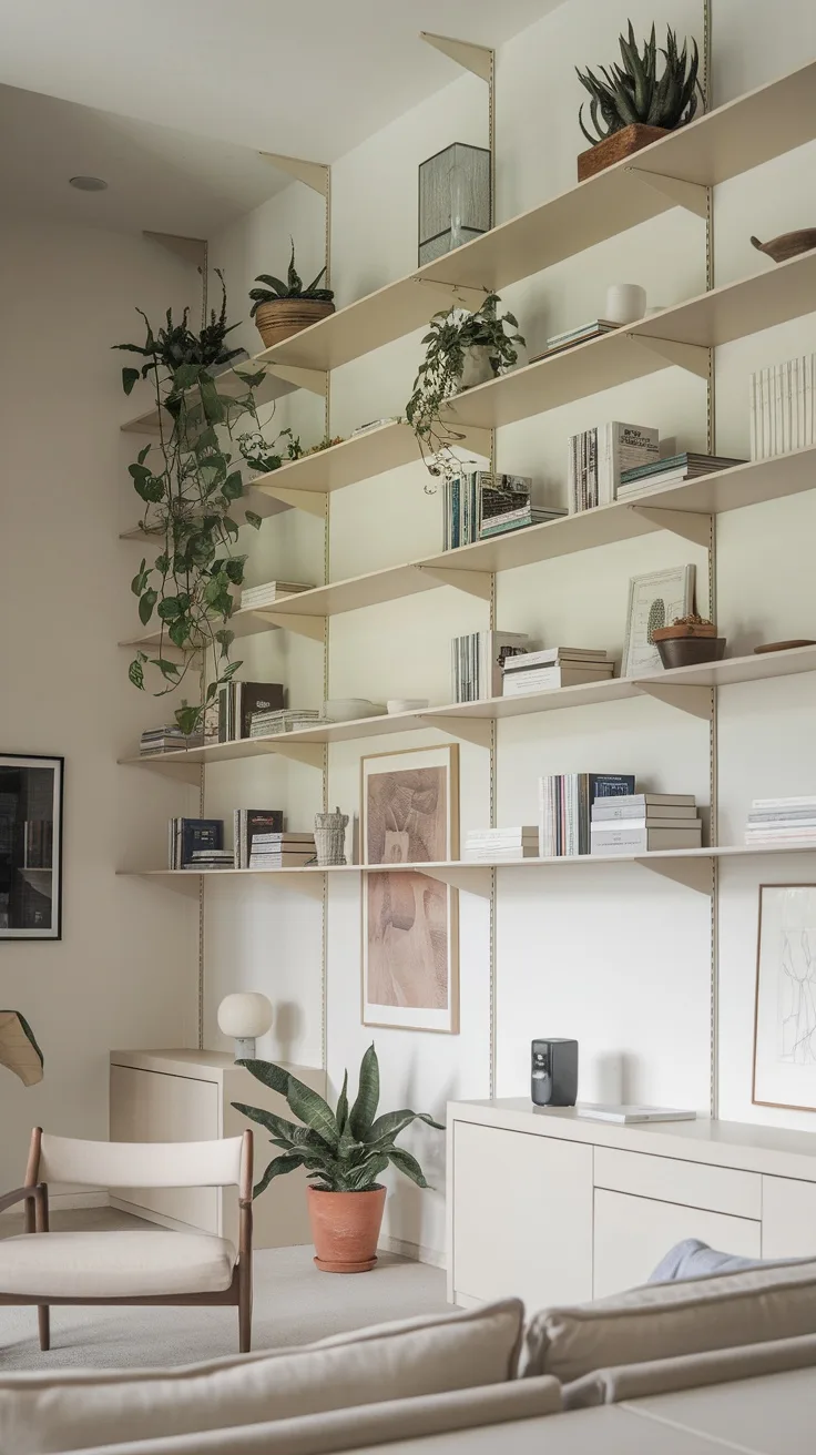 A minimalist living room featuring stylish vertical shelves with plants, books, and decorative items.