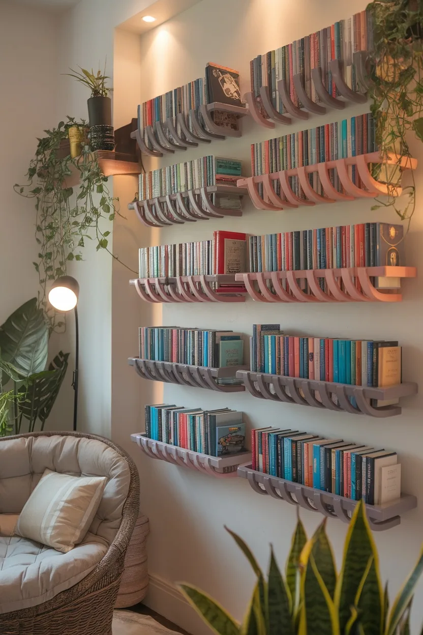 A cozy small home library featuring colorful wall-mounted book racks filled with books and surrounded by plants.