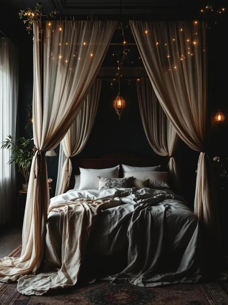 A cozy dark boho bedroom featuring a canopy bed with soft drapes and warm lighting.