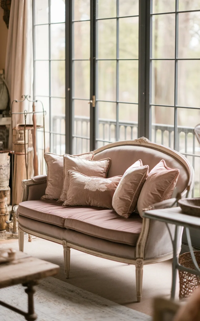 A cozy French country living room with a pink velvet sofa and matching throw pillows, featuring large windows that let in natural light.