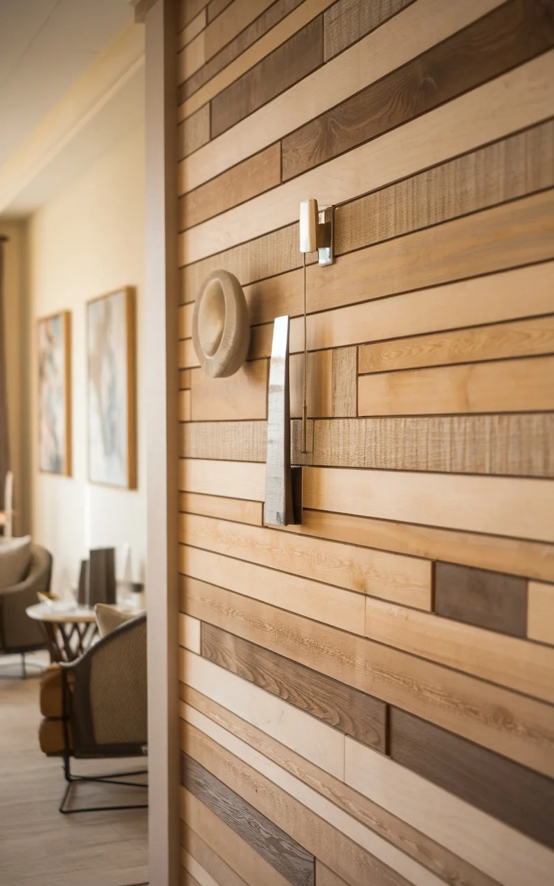 A vertical wood wall with different shades of wood planks and a hat hanging on it.