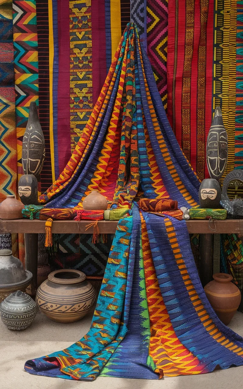 Colorful Kente fabric draped on furniture with traditional African pottery and masks in the background.