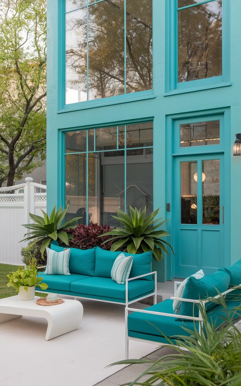 A modern home exterior featuring vibrant teal walls and stylish outdoor furniture.