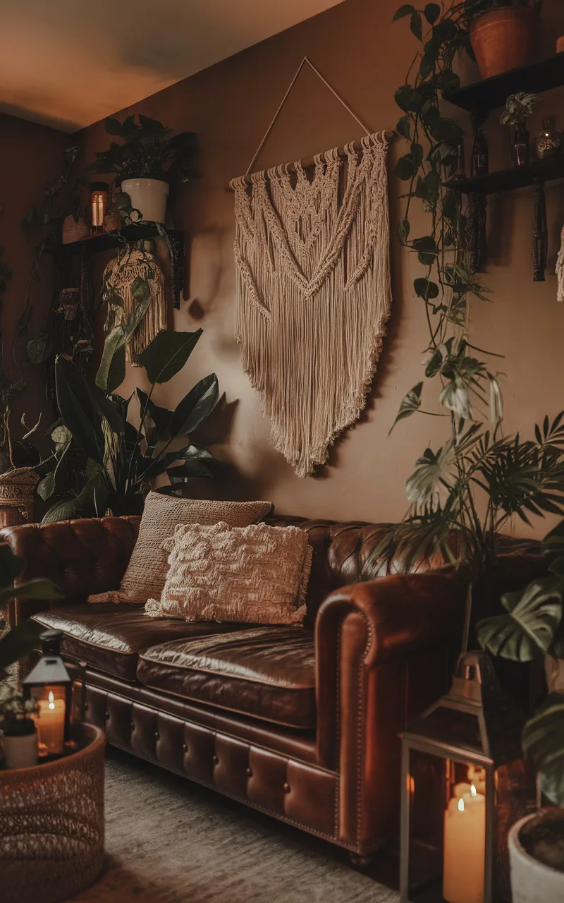 A cozy dark boho living room featuring a vintage leather sofa adorned with textured pillows, surrounded by plants and macramé wall art.