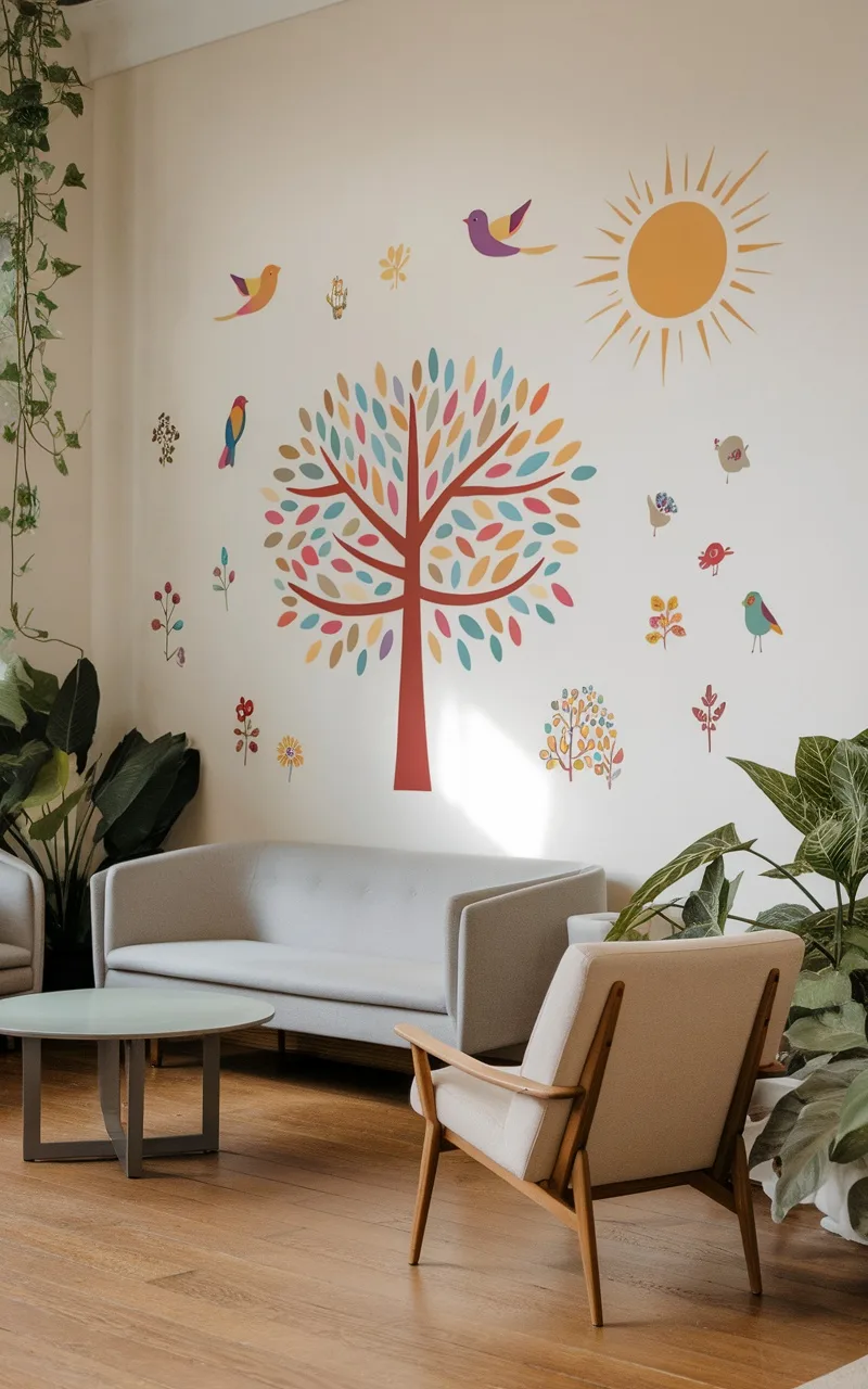 A wall decorated with colorful tree and bird decals, brightening up a cozy sitting area.