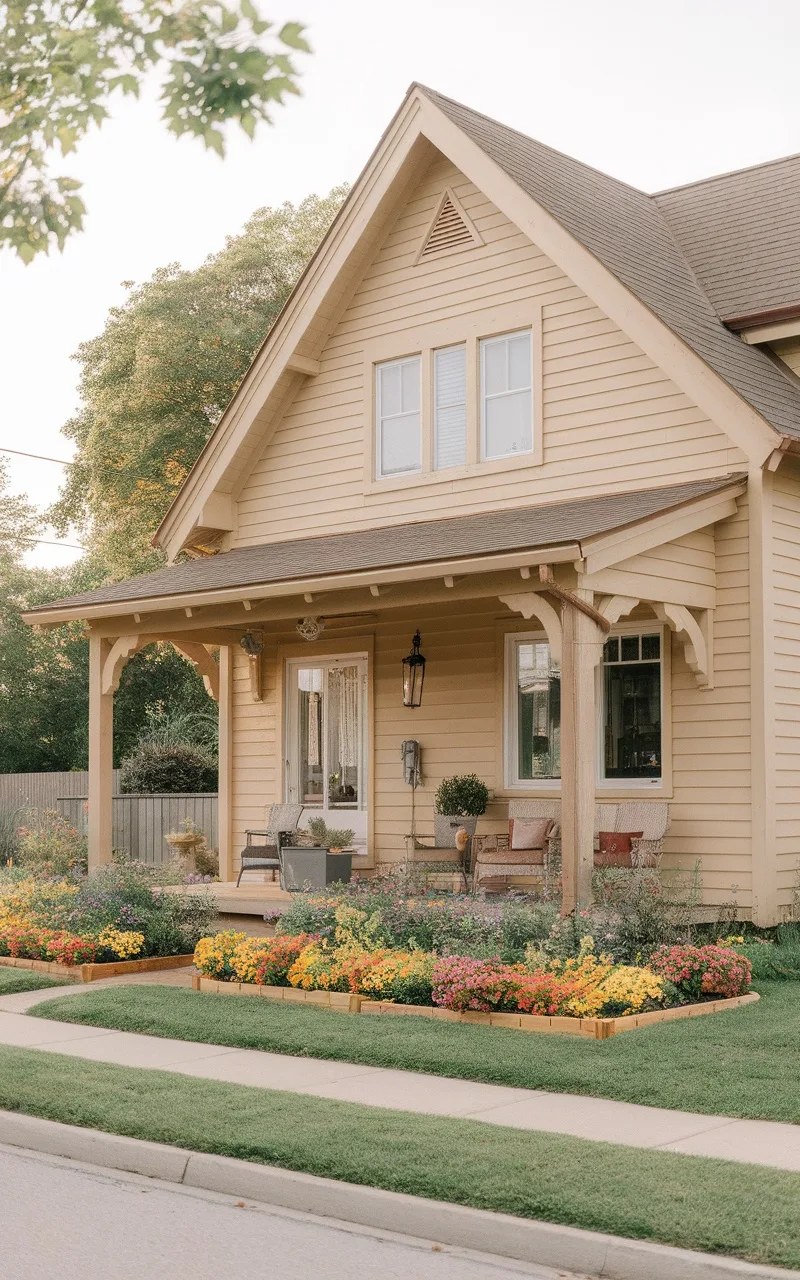 A cozy home with warm beige exterior and colorful flowers in the garden