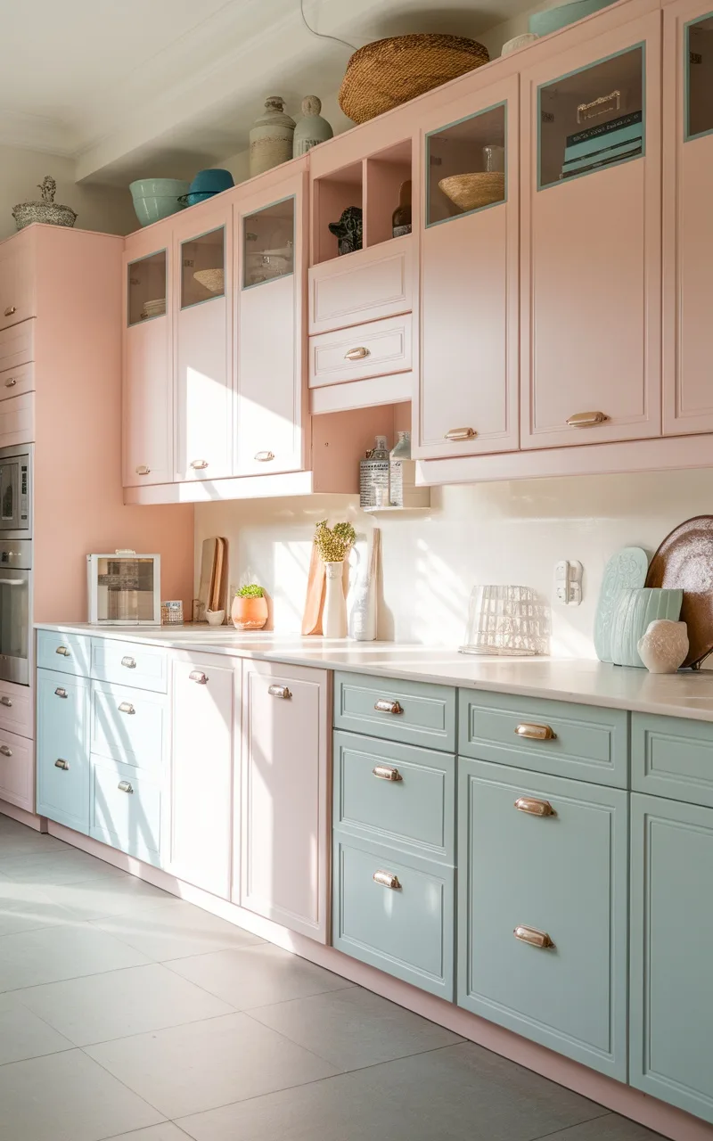 A kitchen with white and pastel blue two-tone cabinets, featuring gold handles and natural light.