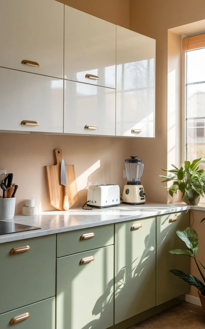 A modern kitchen with white upper cabinets and sage green lower cabinets, featuring gold handles and a marble countertop.